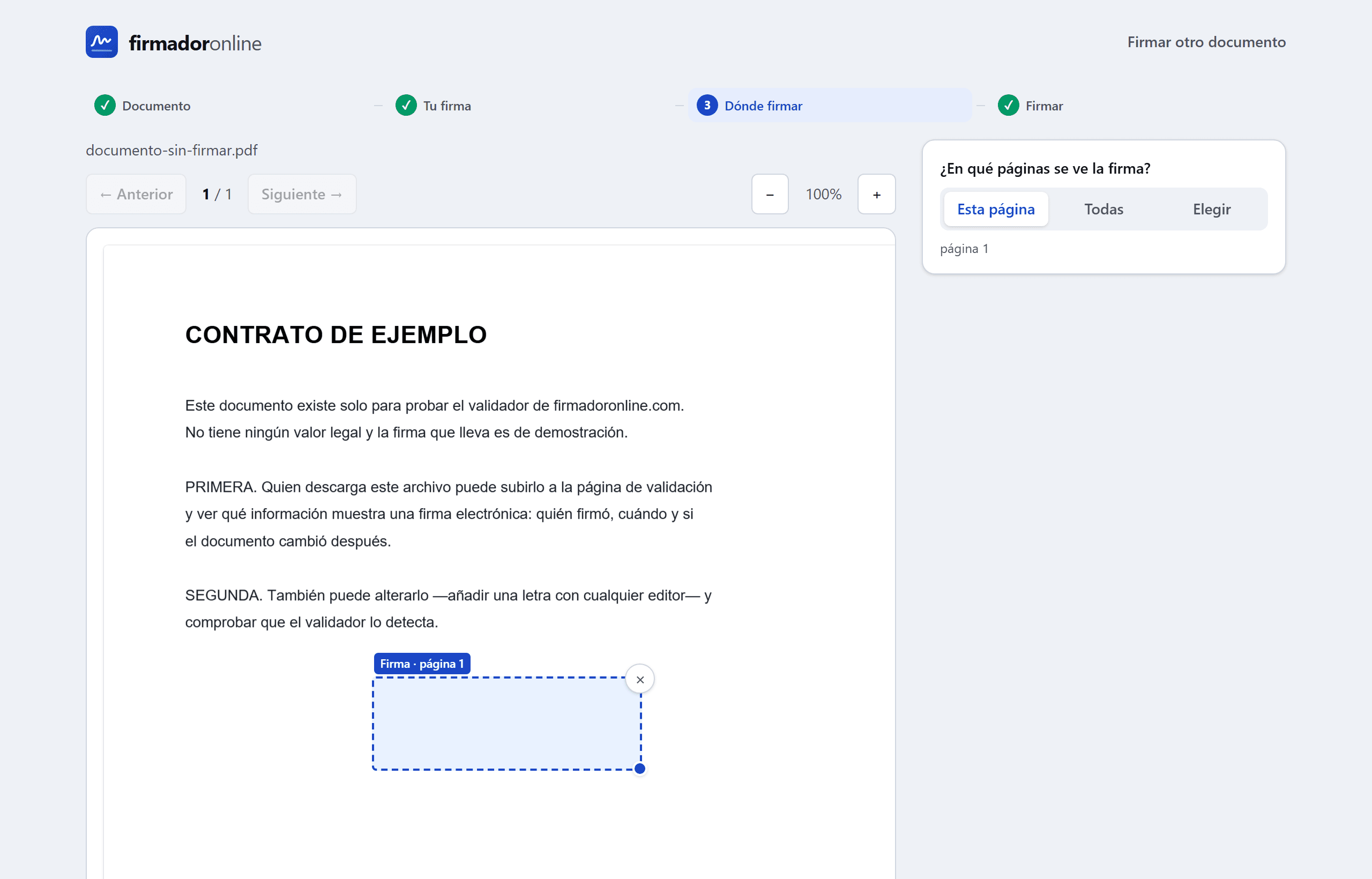 El firmador con el documento abierto, el certificado ya cargado y el recuadro de la firma colocado sobre la página