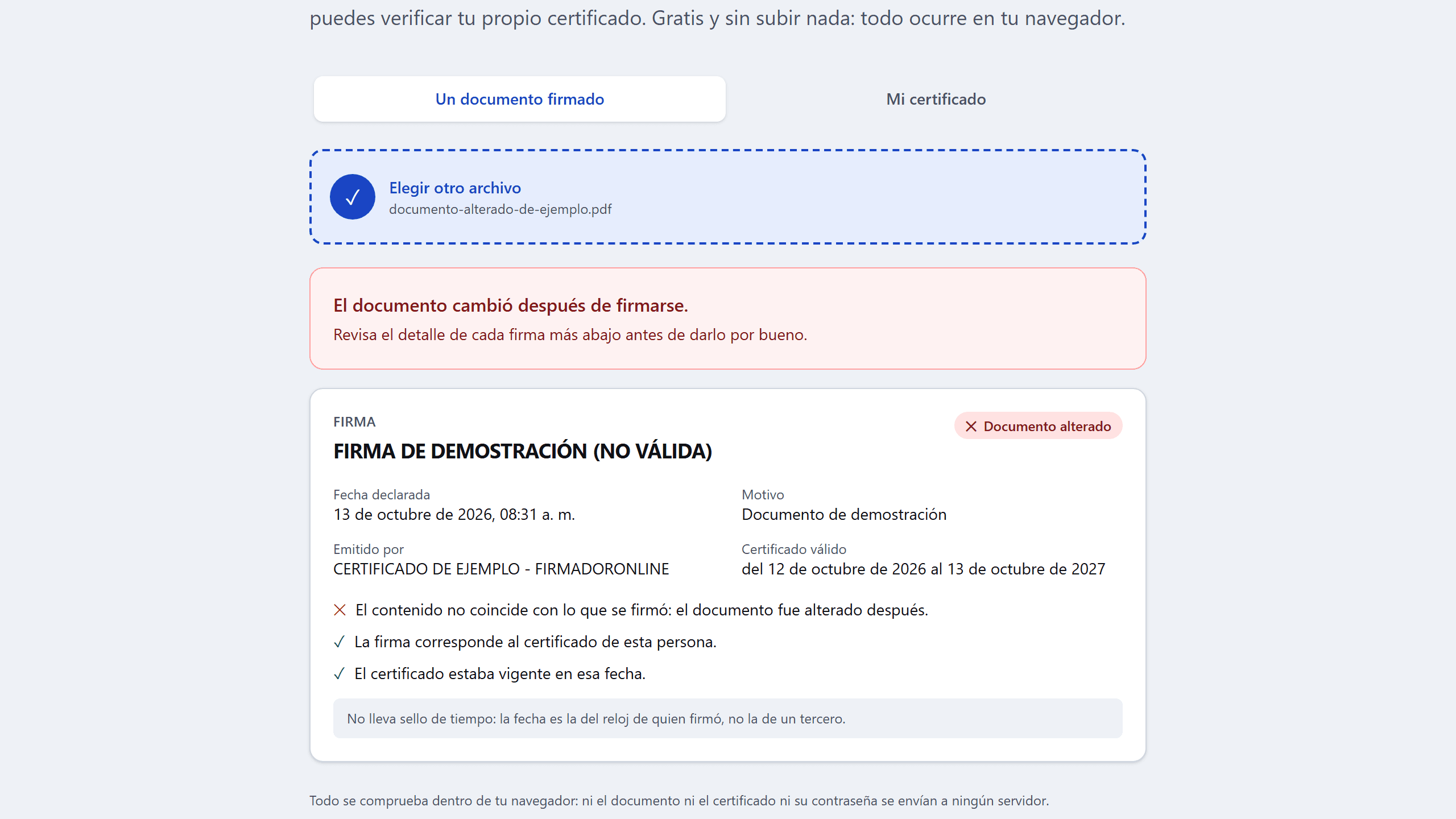 Resultado del validador: el documento cambió después de firmarse