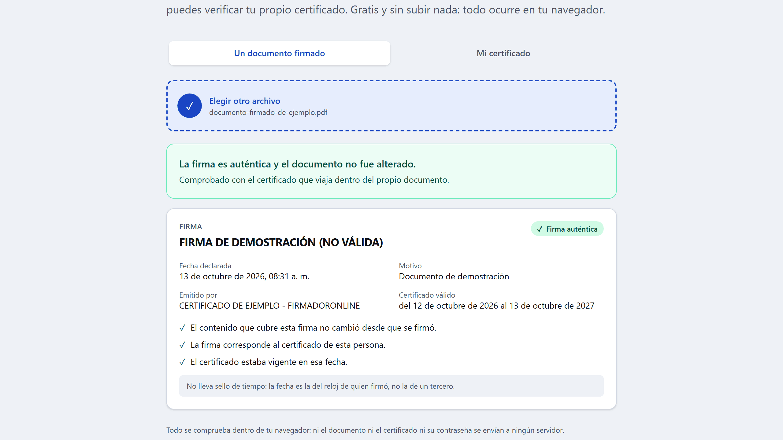 Resultado del validador: la firma es auténtica y el documento no fue alterado