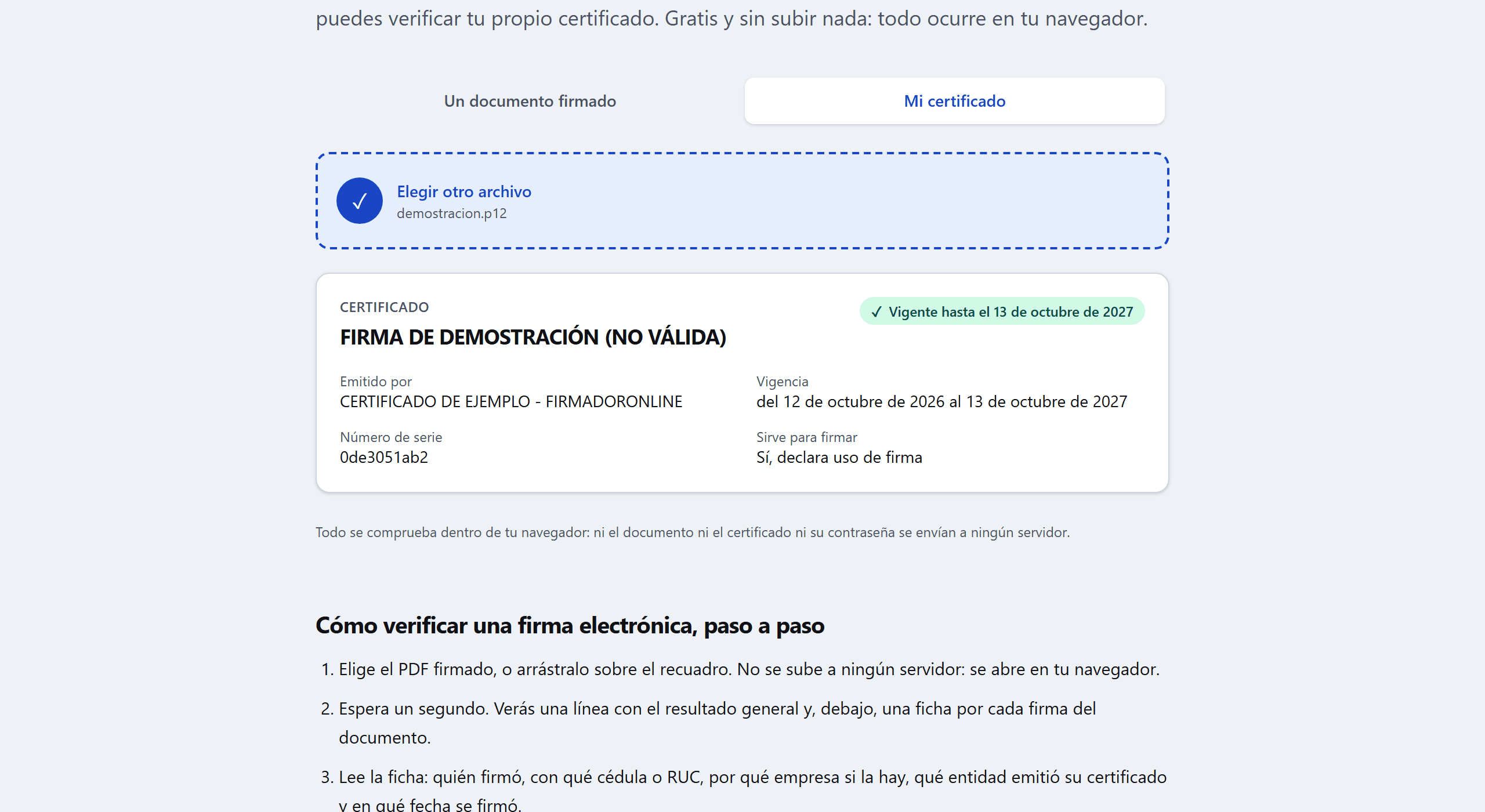 Ficha de un certificado abierto en el validador, con titular, entidad emisora y vigencia