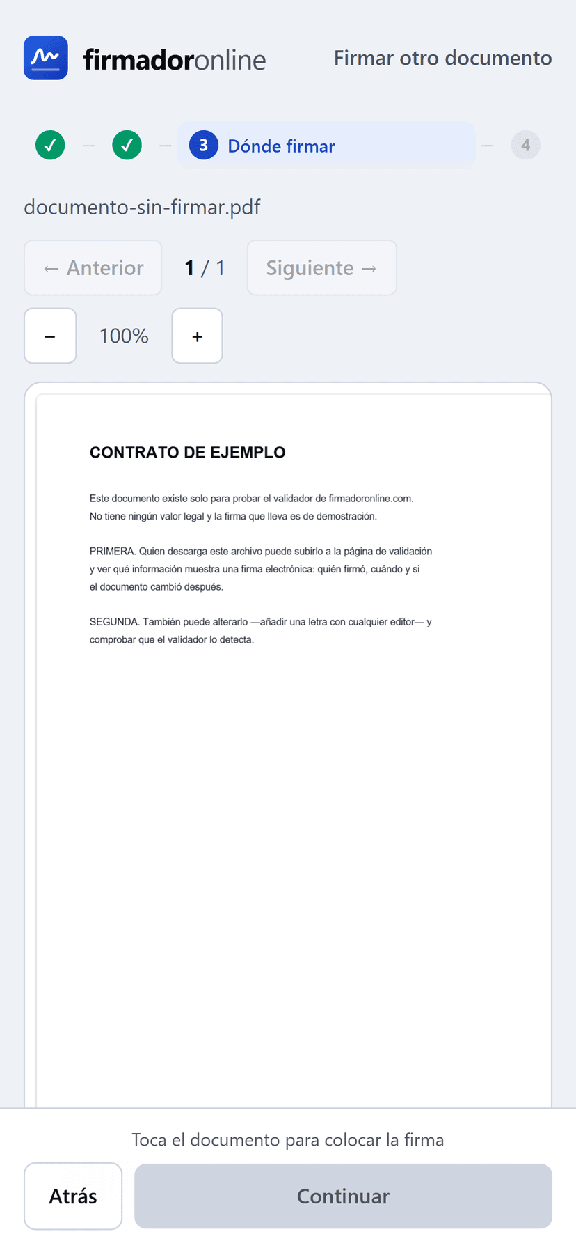 El firmador en la pantalla de un teléfono, con los pasos arriba y la acción al pie